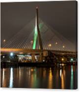 The Leonard P Zakim Bridge Lit Up In Green For St Patrick's Day Reflection Canvas Print