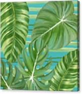 Tropical Leaf Striped Pattern Teal Turquoise Green Canvas Print