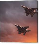 Two Low Flying F-15e Strike Eagles At Sunset Canvas Print