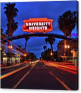 University Heights Neon Sign With Traffic Light Trails Canvas Print