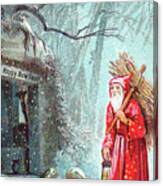 Victorian New Year's Card With Father Christmas Carrying Bundle Of Sticks On A Snowy Night Canvas Print