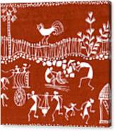 Village Scene In Warli Tribal Art Canvas Print