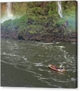 Beautiful Rainbow, Boat With Tourists And Big Waterfalls In Rainforest #1 Canvas Print