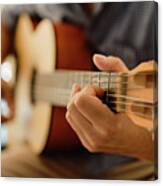 Close Up Of Male Hands Playing Classic Guitar Indoors #1 Canvas Print