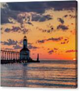 Dramatic Sunset At Michigan City East Pierhead Lighthouse #1 Canvas Print