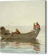 Three Boys In A Dory With Lobster Pots Canvas Print