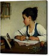 A Girl Writing. The Pet Goldfinch By Henriette Browne Canvas Print
