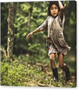A Kid Is Running While Holding Boots Canvas Print