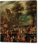 A Village Festival With Elegantly Dressed Figures In Procession, A River And Tower Beyond Canvas Print