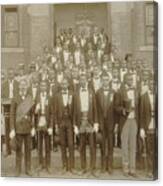 African American Men Posed At Entrance To Building, Some With Derbies And Top Hats, And Banner Labeled 