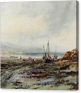 Albert Pollitt 1856-1926 - Four Watercolours - Coastal Scene With Fishing Boats Drawn Up On To The Canvas Print