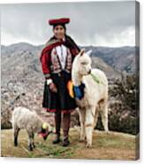 An Indingeous Quechua Woman With A Baby Alpaca And A Sheep Near Cusco, Peru Canvas Print