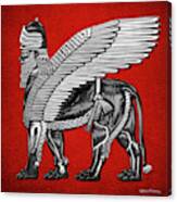 Assyrian Winged Lion - Silver And Black Lamassu Over Red Leather Canvas Print