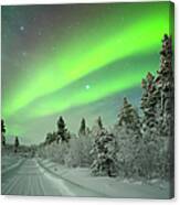 Aurora Borealis Over A Track Through Canvas Print