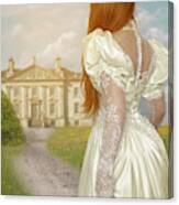 Back View Of Victorian Woman Walking Towards A Mansion House Canvas Print
