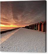 Beach Huts In Snow At Blyth Canvas Print