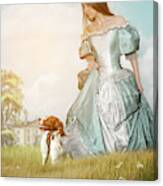 Beautiful Historical Woman Wakling In Long Grass With A Dog Canvas Print