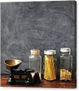 Blackboard With Wooden Table And Glass Canvas Print