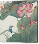 Jade Bird And Lotus Flowers Canvas Print