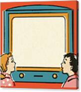 Boy And Girl Looking At A Television Screen Canvas Print