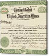 British American Mines Certificate Canvas Print