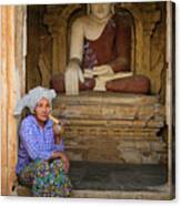 Burmese Woman Relaxing At Temple Entrance Canvas Print