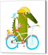 Cartoon Green Funny Crocodile In Helmet Canvas Print