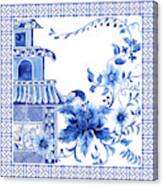 Chinoiserie Blue And White Pagoda With Stylized Flowers And Chinese Chippendale Border Canvas Print