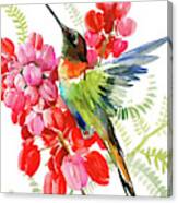 Collared Inca Hummingbrid and Pink Red Flowers Painting by Suren ...