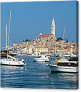 Croatia, Rovinj, Boats In Harbor, Town Canvas Print