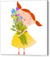 Cute Girl With Bouquet Of Flowers Canvas Print