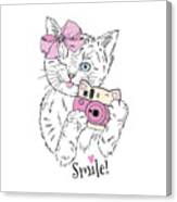 Cute Kitty Girl With Photo Camera Hand Canvas Print