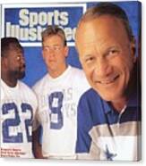 Dallas Cowboys Coach Barry Switzer, Qb Troy Aikman, And Sports Illustrated Cover Canvas Print