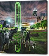 Dallas Skyline And Texas Longhorn Cattle Drive Sculptures Canvas Print