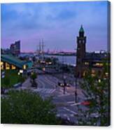 Dawn Over The Port And City Hamburg Panorama Canvas Print