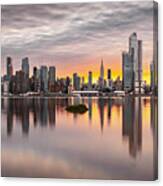 Dawn\'s Reflection: Manhattan Skyline Over Hudson Canvas Print