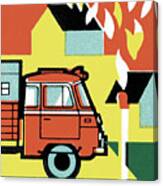 Firetruck And House On Fire Canvas Print