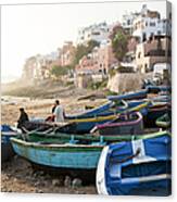 Fishermen With Boats On The Beach At Canvas Print