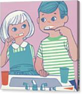 Girl And Boy Brushing Their Teeth Canvas Print