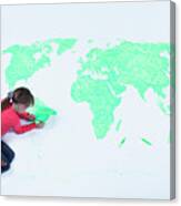 Girl Drawing Map Of The World Canvas Print