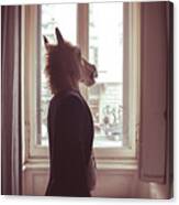 Horse Mask Man In Front Of Window Canvas Print