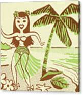 Hula Girl Next To Palm Tree Canvas Print
