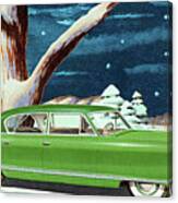 Illustration Of Green Vintage Car Outdoors In Winter Canvas Print