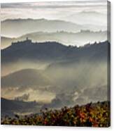 Italy, Piedmont, Cuneo District, Langhe, Hills View With Castiglione Falletto On The Left And Serralunga D'alba Just Behind On The Right Both On Top Of The Hills Canvas Print