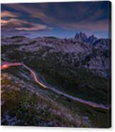 Light Tracks On A Pass Road In The Dolomites Canvas Print