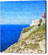 Lighthouse On Top Of A Cliff Overlooking The Blue Ocean On A Sunny Day, Painted In Oil On Canvas. Canvas Print