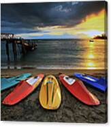 Lining Colorful Boats And Sunset In Canvas Print