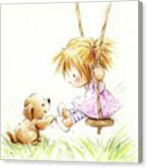 Little Girl On Swing With Dog Canvas Print