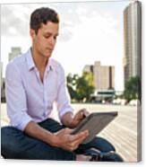 Male Student In Casual Attire On Tablet Device Studying Canvas Print