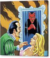 Man And Woman In Front Of A Framed Devil Canvas Print